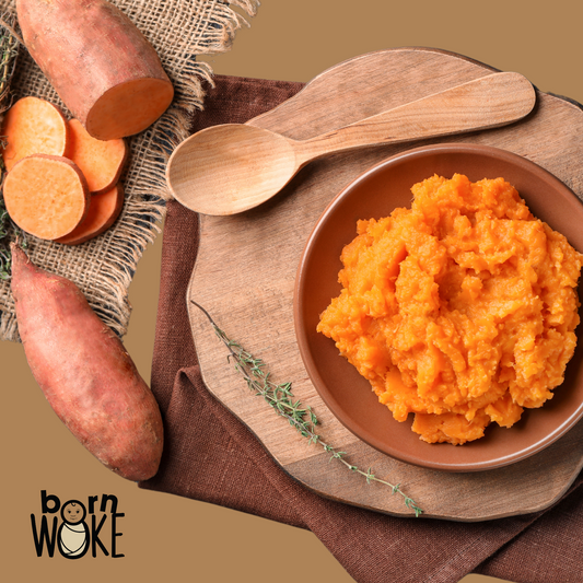 Photo of whole sweet potatoe and a bowl of mashed sweet potatoes.