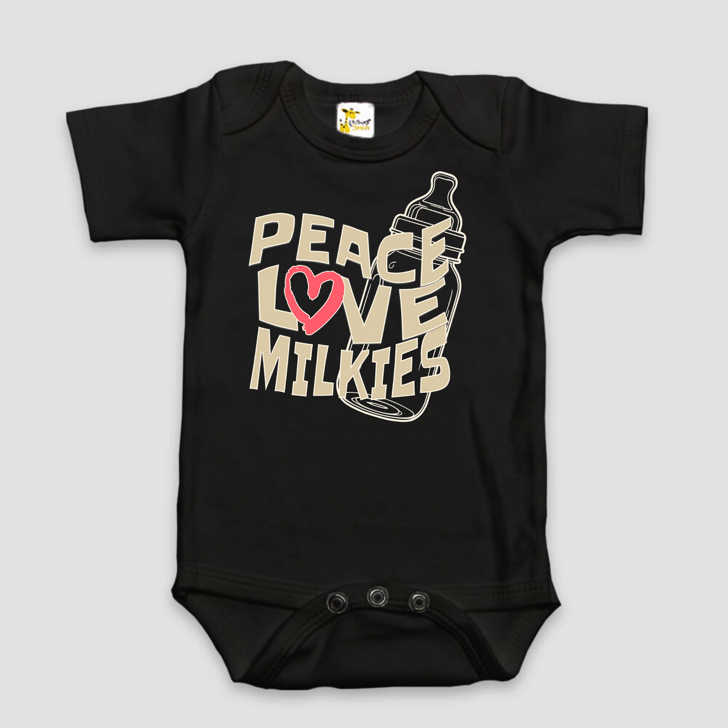 "Peace Love Milkies" Graphic Baby Bodysuit | Black