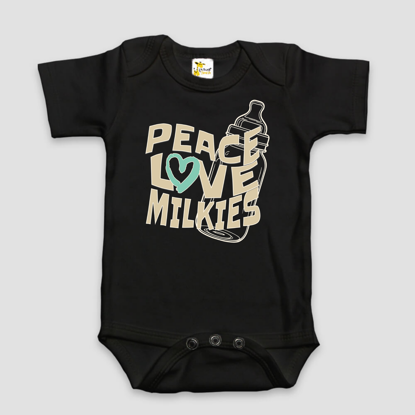 "Peace Love Milkies" Graphic Baby Bodysuit | Black