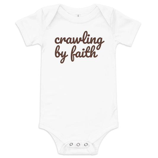 "Crawling by Faith" Graphic Baby Bodysuit - Rice/White